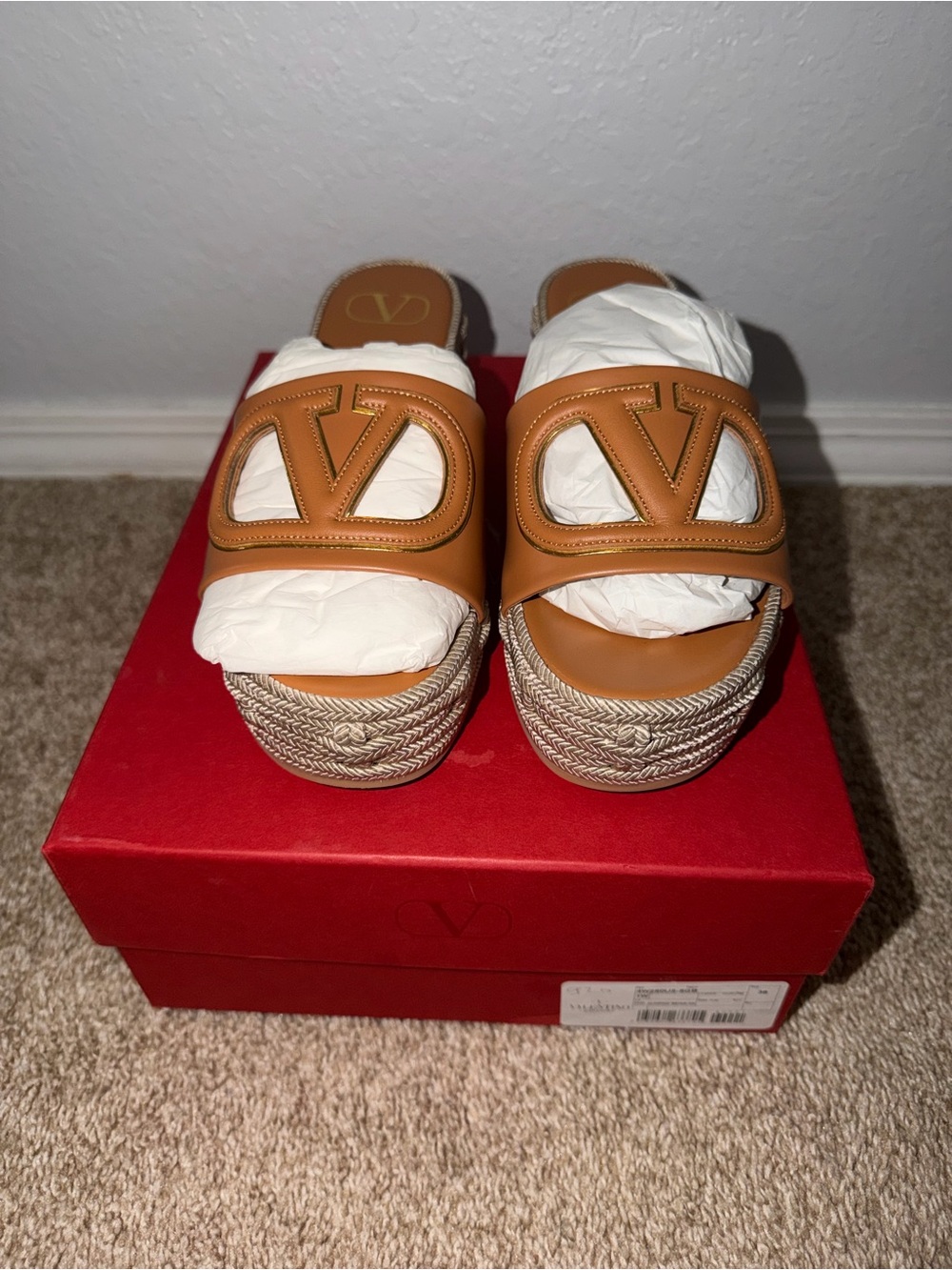 Valentino Garavani Tan Leather Logo Espadrille Mules